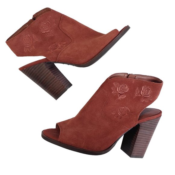 Lucky Brand red Orange Retro 70s Western Embroidered Leather Bootie - Picture 1 of 9